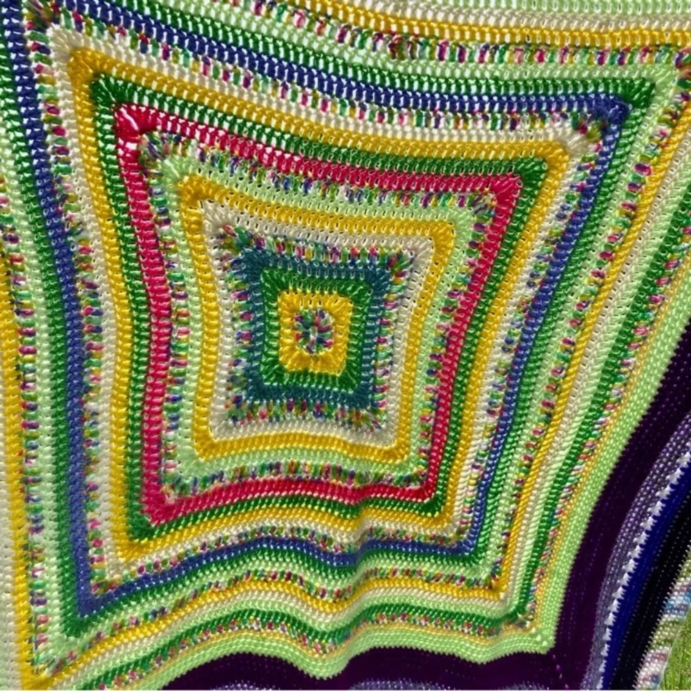 Small Handmade Crocheted Throw Blanket 54” x 52” Purple Green Yellow Pink
